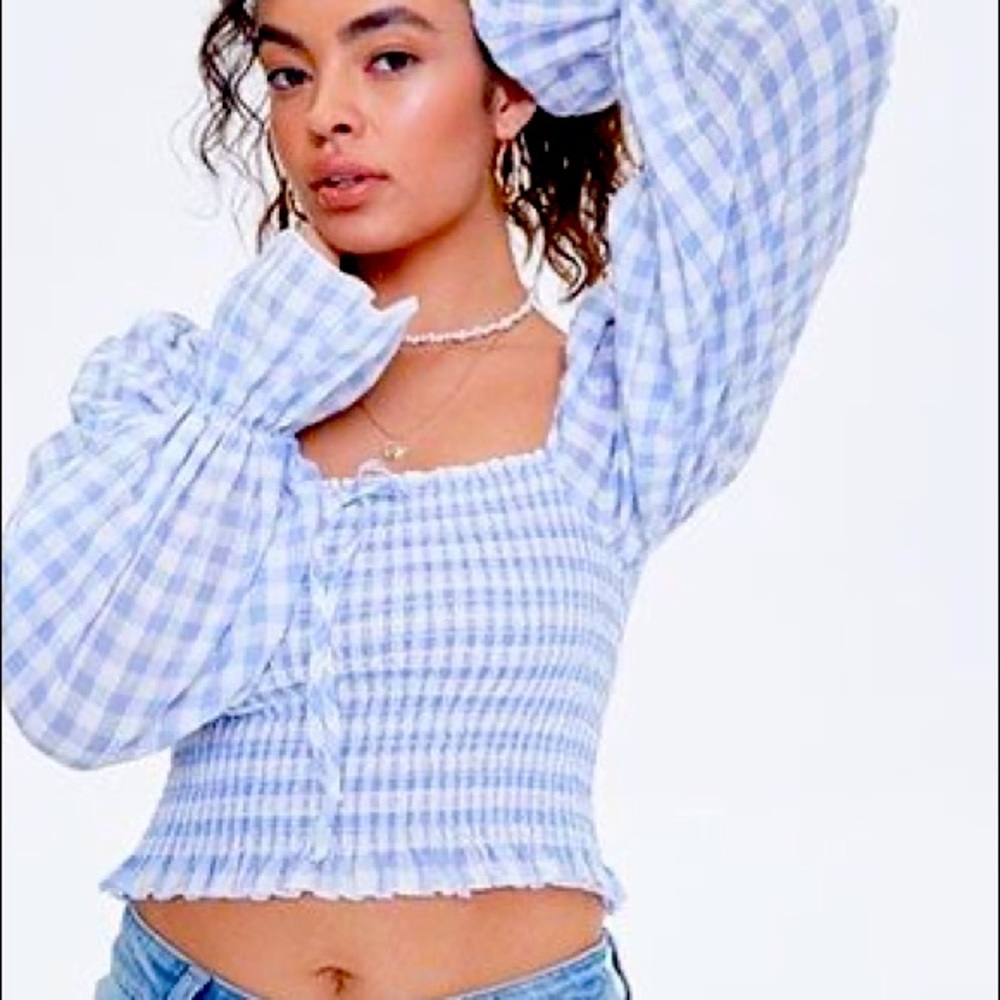 NWT FOREVER 21 Gingham Smocked Crop Top Sz M